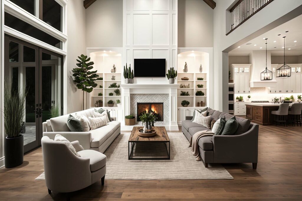 Laminate floors in a large high ceiling living room by Jordans Flooring in British Columbia, Canada