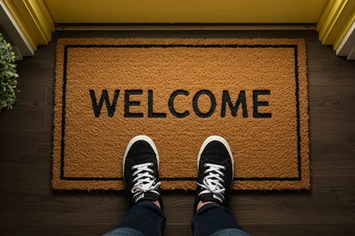 Overhead view of a person in black sneakers standing on a brown coir "WELCOME" doormat over dark wood flooring.
